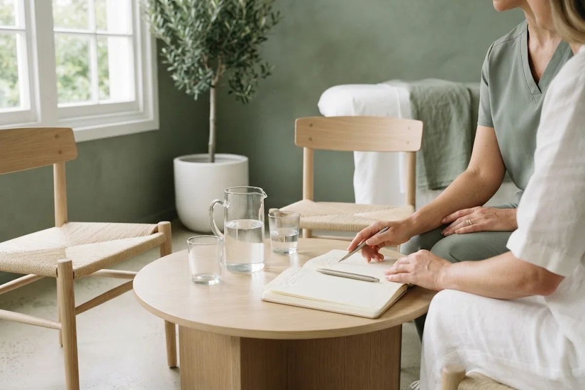 Two adult hands on a light wooden table beside a notebook and cup of tea during a family consultation in an Irvine CA studio