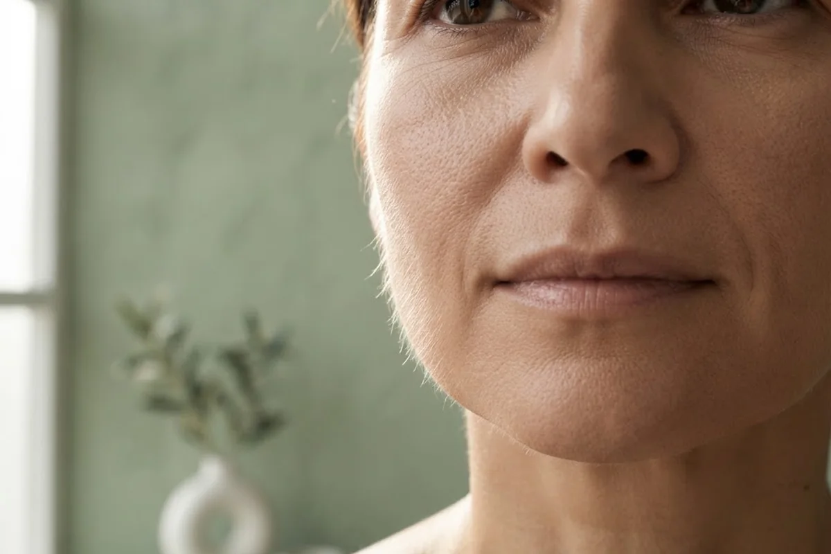 Soft side light on an adult cheek showing fine vellus peach fuzz, face partly cropped, in an Irvine CA studio