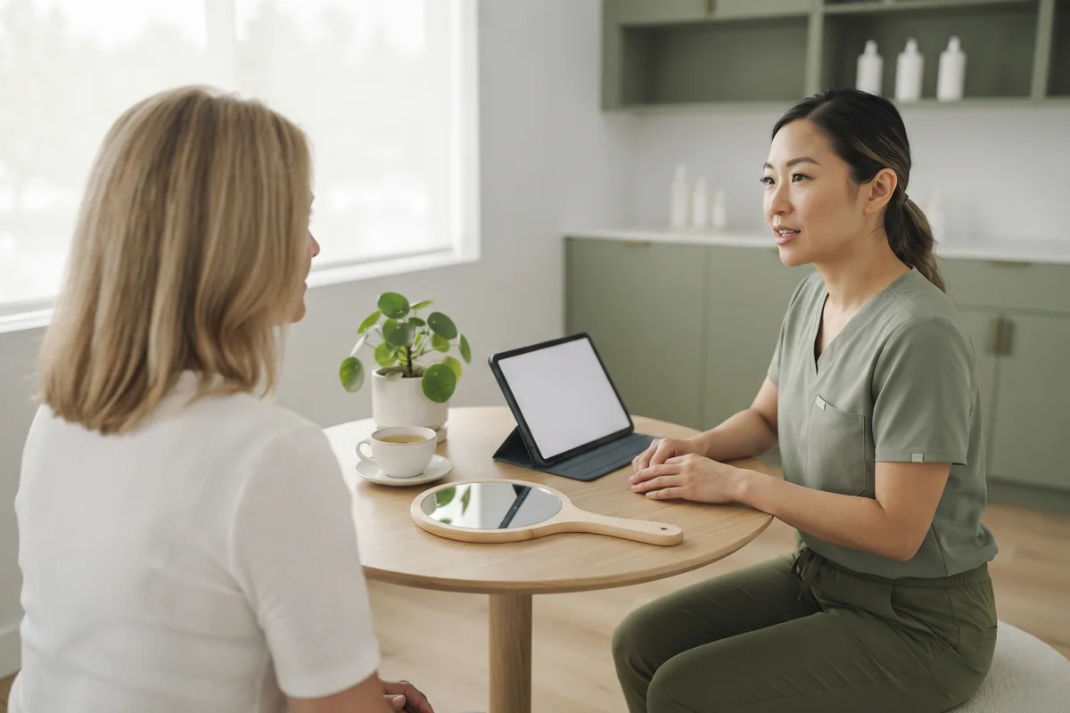 Esthetician and client discussing skin type and sensitivity before a chemical peel in an Irvine CA studio