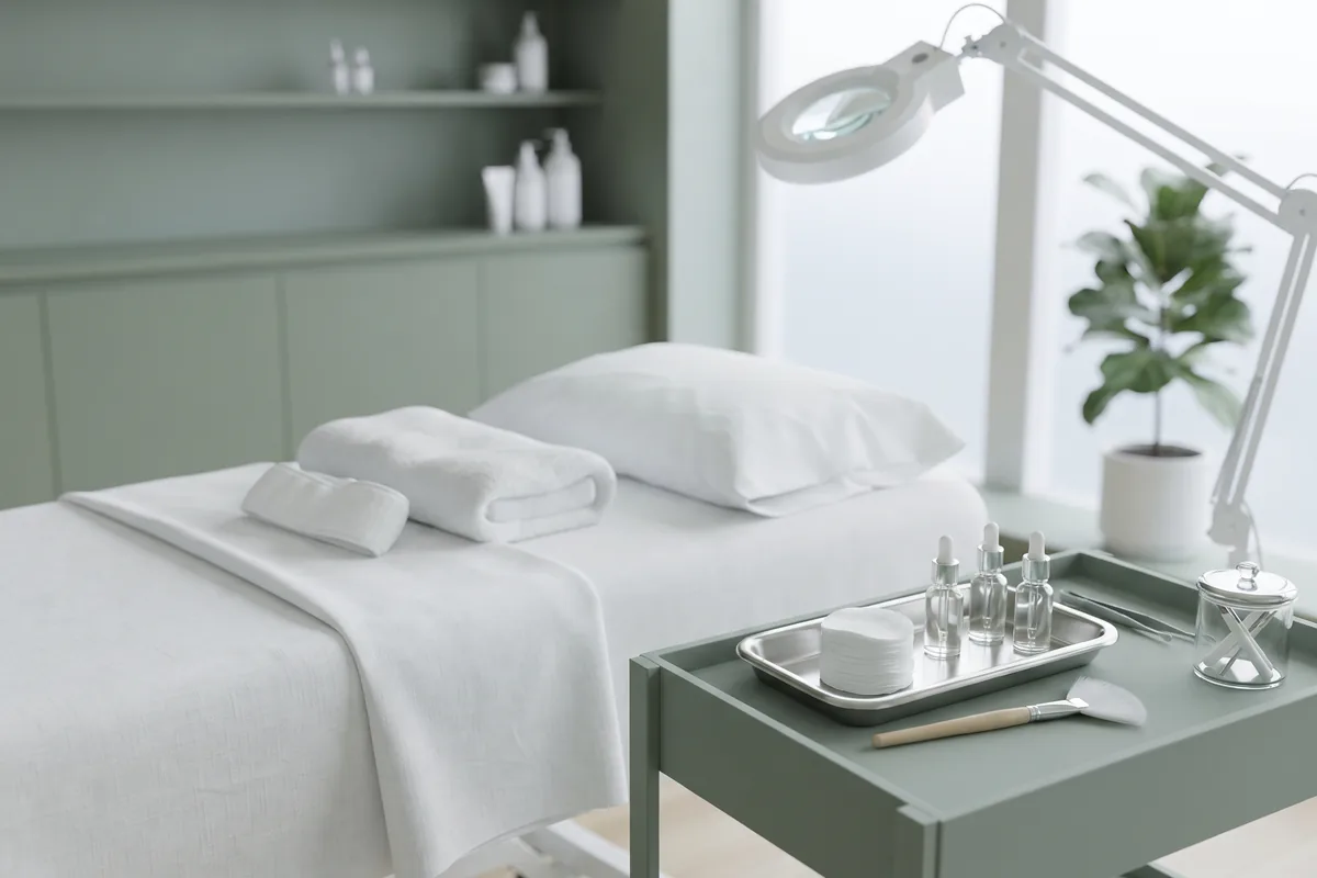 Prepared treatment bed with towel and peel tray in a bright esthetics treatment room in Irvine CA