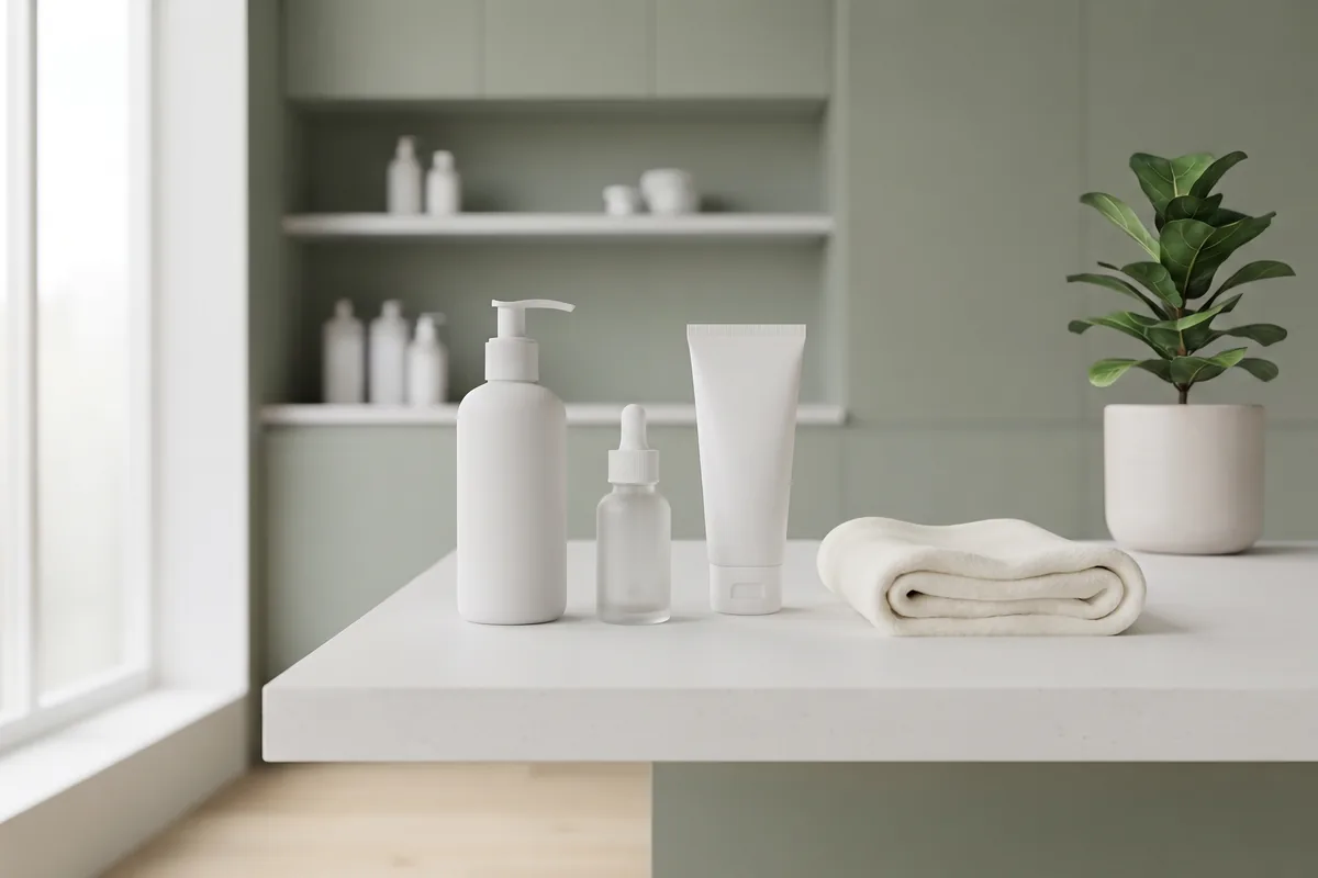 Unlabeled cleanser, serum and sunscreen bottles arranged on a bathroom counter, Irvine CA