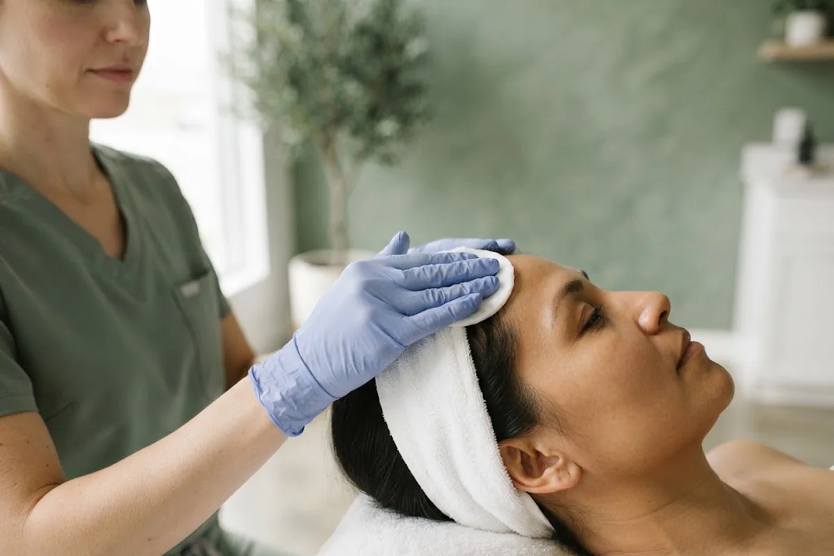Esthetician cleansing a client forehead with cotton pads during a facial in an Irvine CA studio