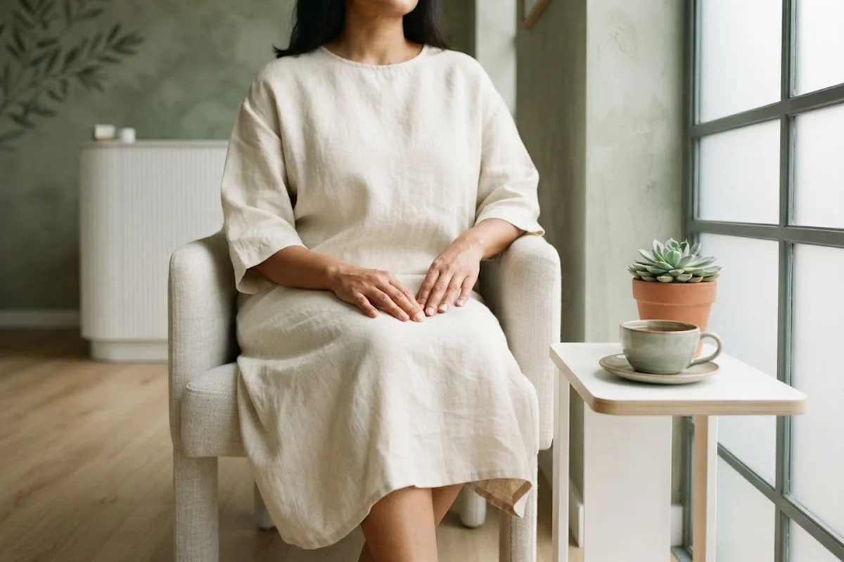 Expectant woman in a loose linen dress seated by a bright window with hands resting in her lap, face cropped, in an Irvine CA studio