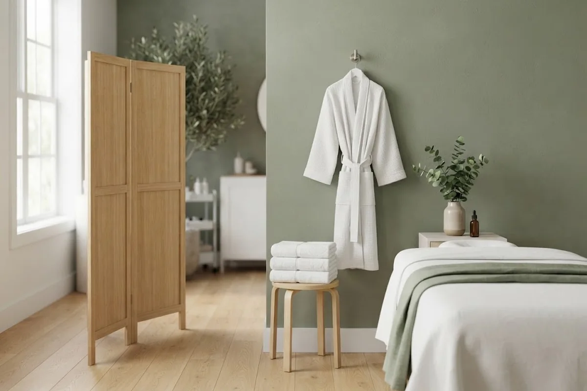 Folding privacy screen, white robe on a hook and folded towel beside a treatment bed in a private room in Irvine CA