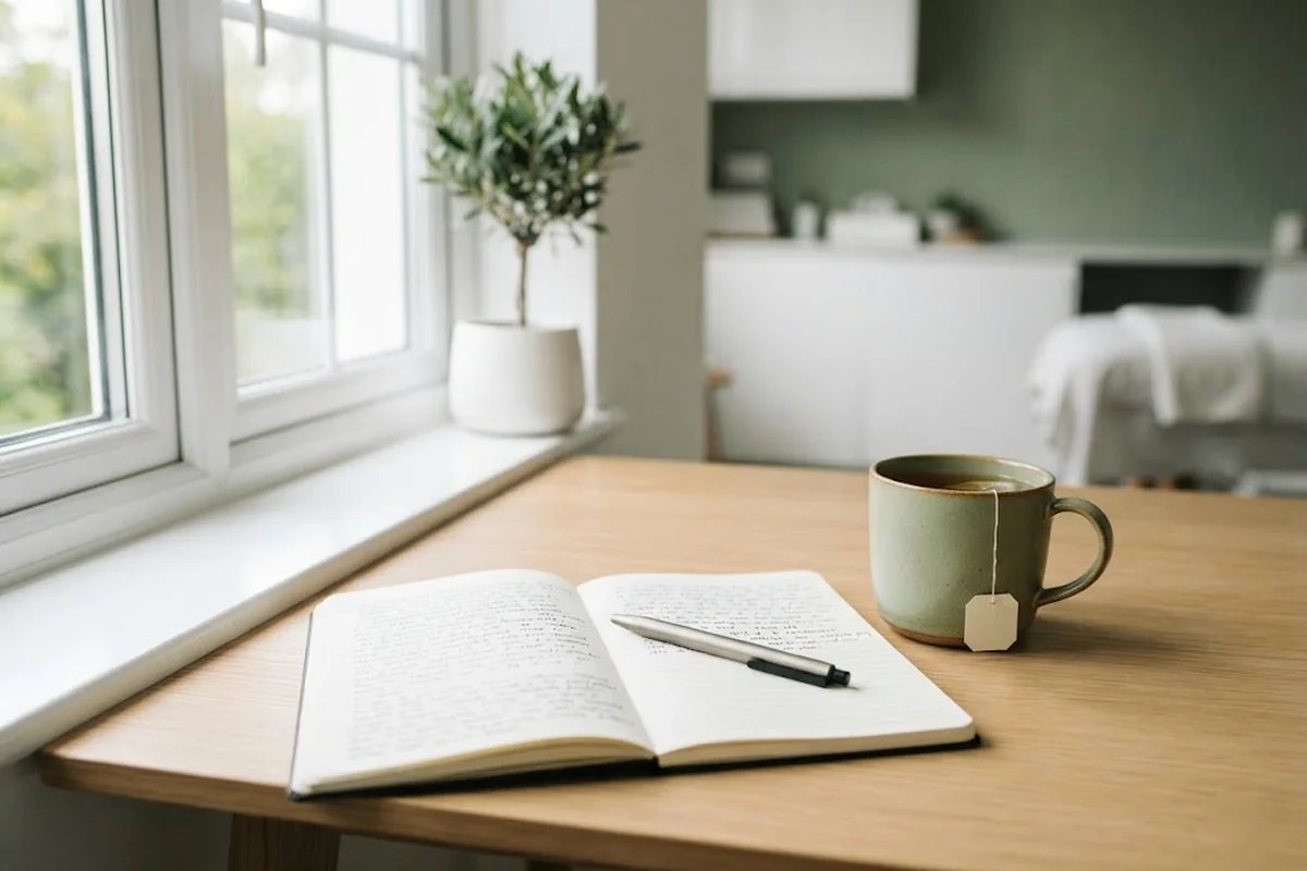 Open notebook with a handwritten question list, pen and cup of herbal tea on a wooden table in an Irvine CA studio