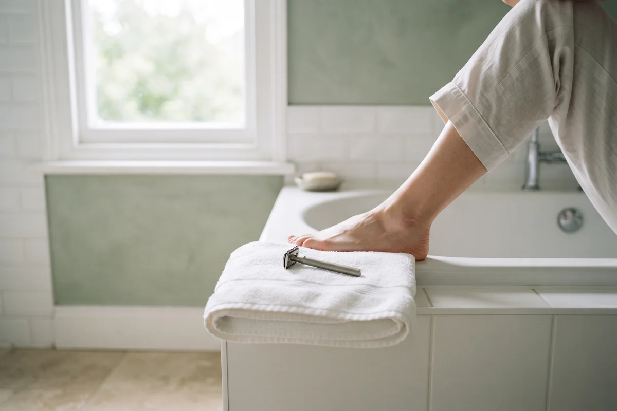 Close crop of freshly shaved adult leg skin beside a razor on a white towel in an Irvine CA home bathroom