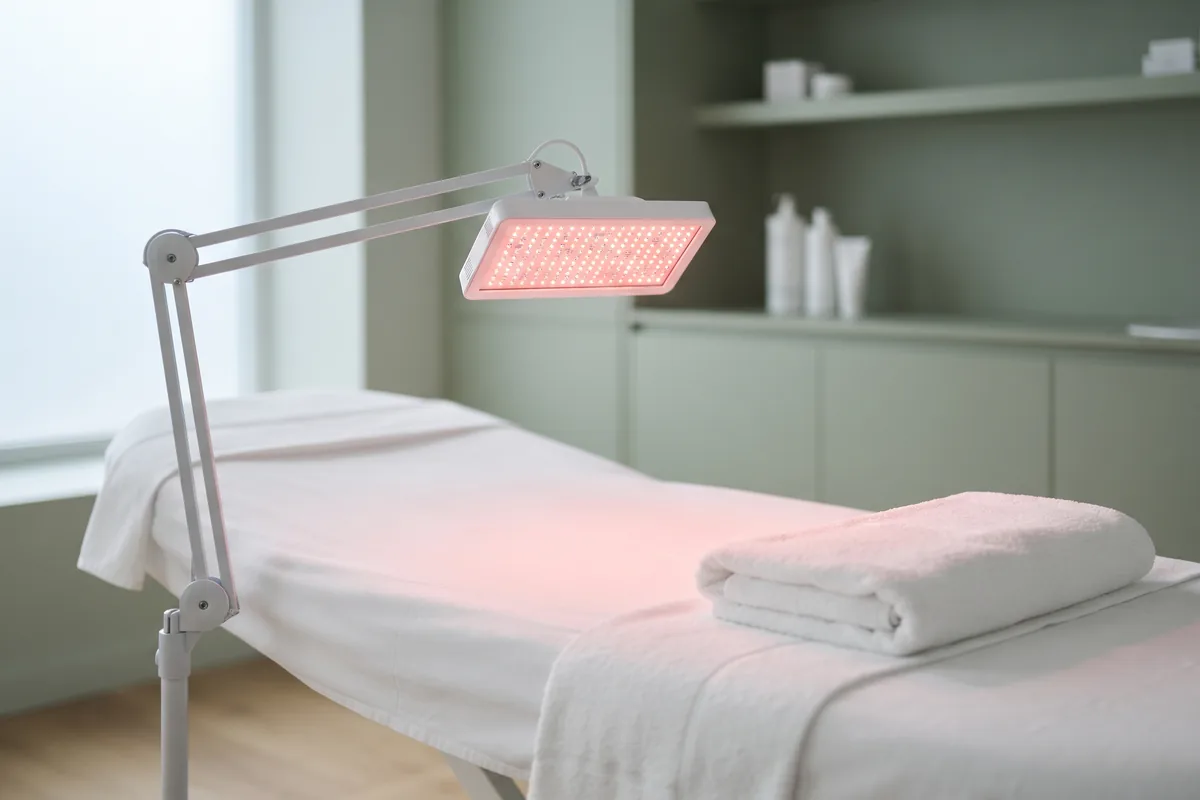 Red LED light therapy panel positioned over a treatment bed in a calm esthetics room, Irvine CA