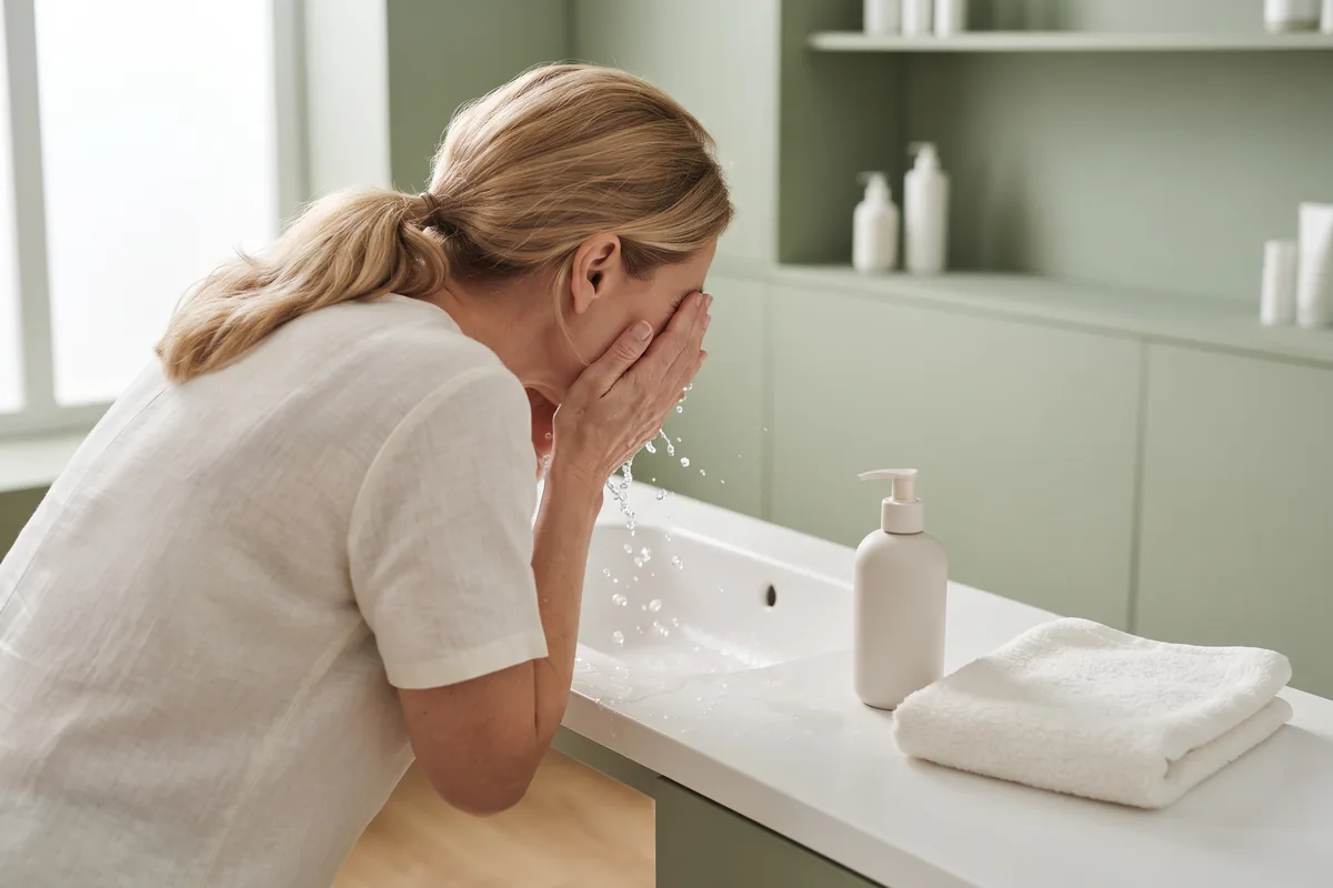 Hands cleansing the face gently with lukewarm water at a sink, Irvine CA skin care
