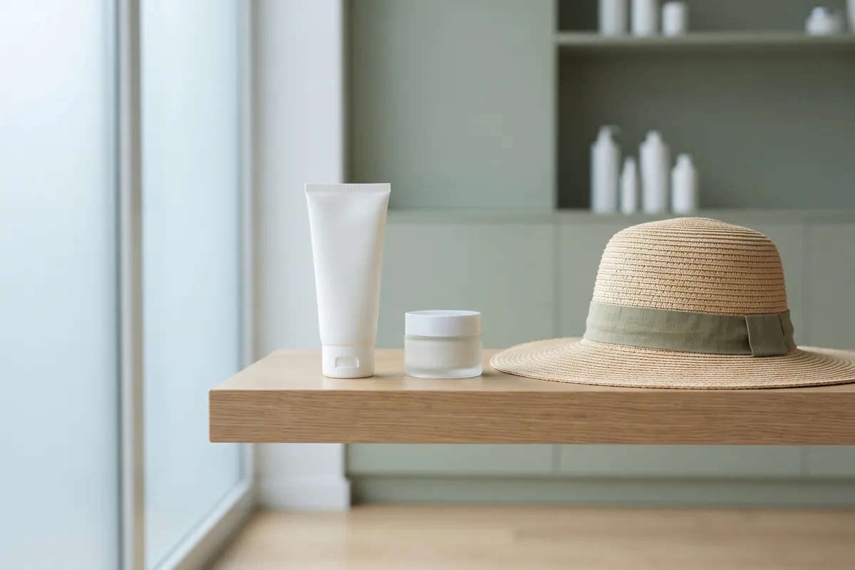 Mineral sunscreen tube, moisturizer jar and a wide-brimmed hat on a shelf, Irvine CA