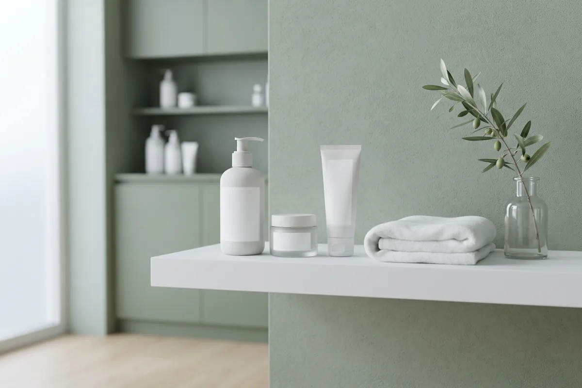 Peel aftercare essentials: cleanser, moisturizer and SPF - Real Skin Beauty, Irvine CA Gentle cleanser, plain moisturizer and sunscreen bottles arranged on a white shelf as peel aftercare in an Irvine CA esthetics studio