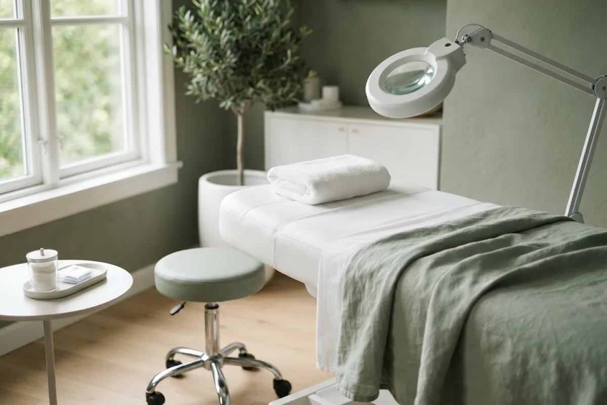 Magnifying lamp and skin analysis during a deep cleansing facial in an Irvine CA treatment room