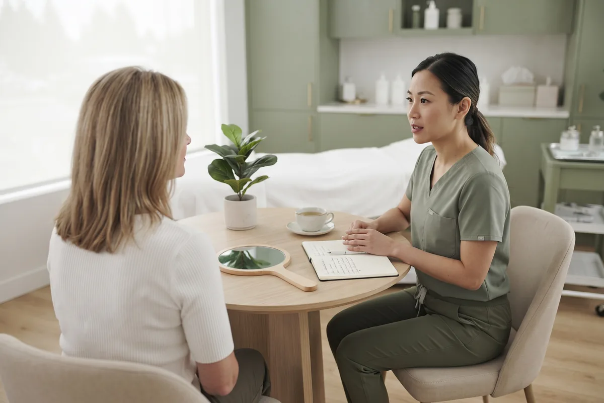 Practitioner and adult client reviewing skin and hair growth at a consultation table in an Irvine CA studio