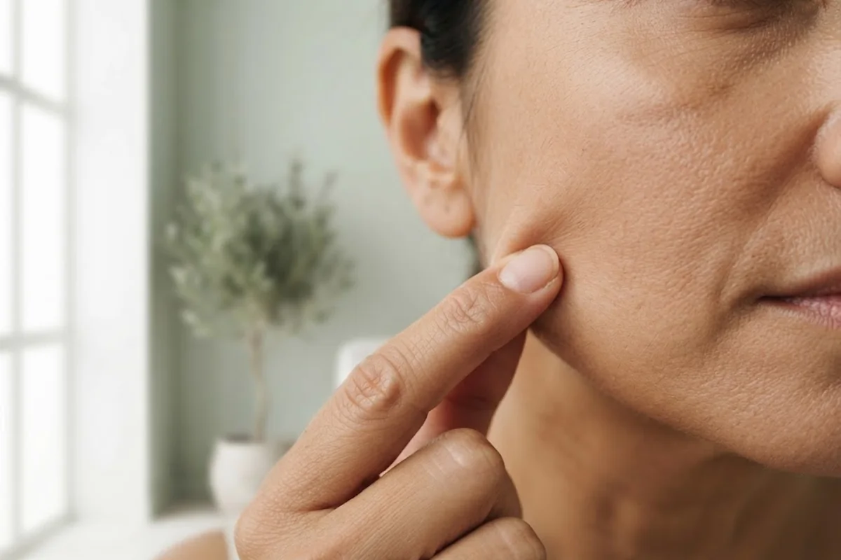 Fingers gently pinching adult cheek skin to check hydration, Irvine CA