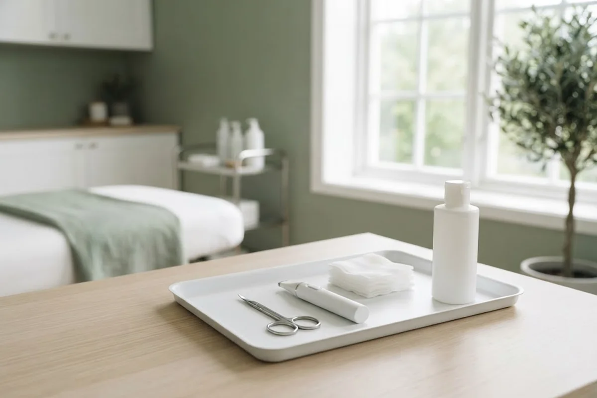 Small blunt-tip scissors, fine electric trimmer and sterile gauze laid on a clean white tray in an Irvine CA studio