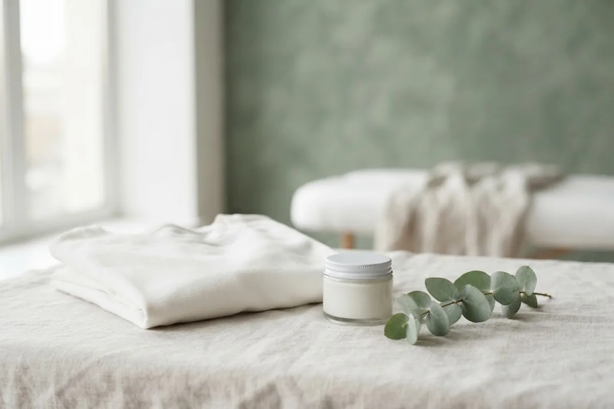 Folded soft cotton top, plain moisturizer jar and sprig of eucalyptus on a linen cloth for aftercare comfort in an Irvine CA studio