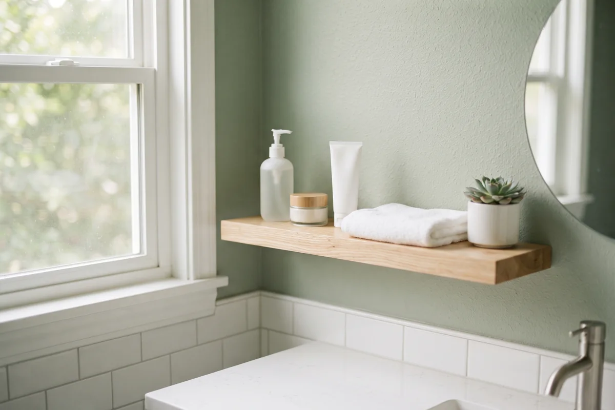 Gentle cleanser, plain moisturizer and mineral sunscreen on a bathroom shelf for post-treatment skin care in Irvine CA