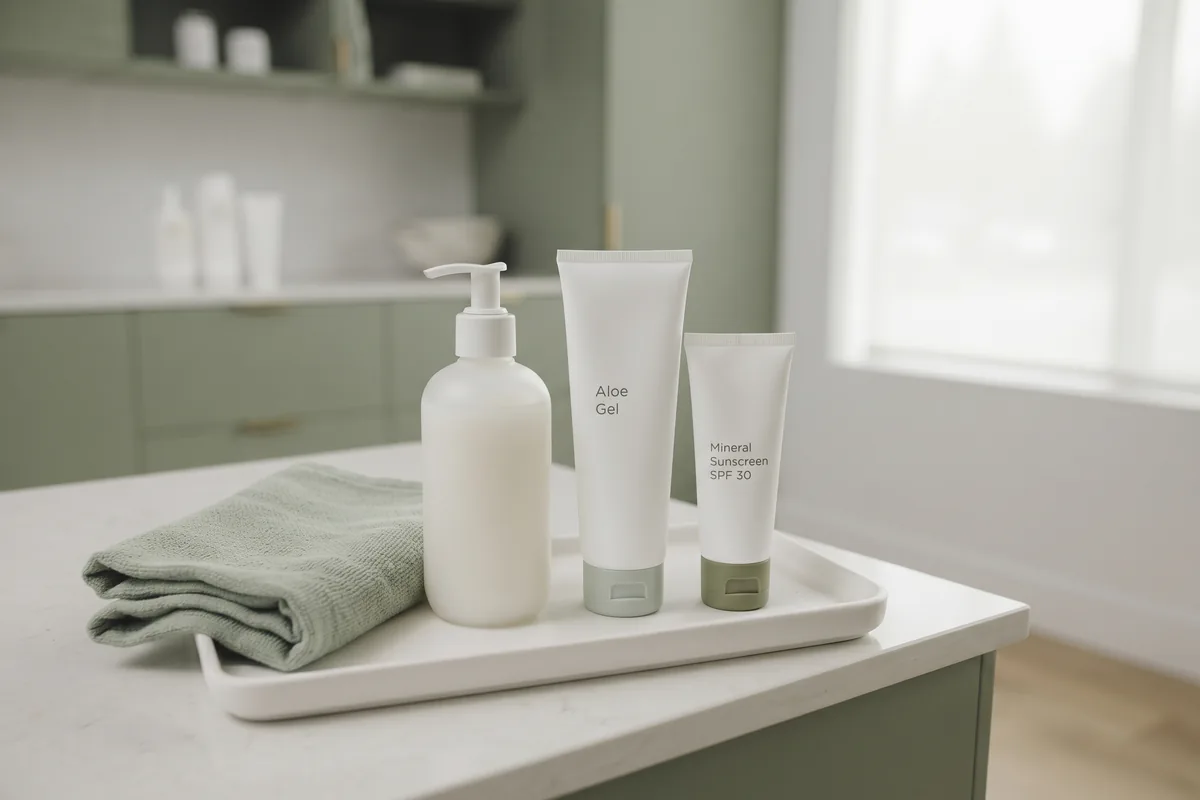 Gentle fragrance free cleanser, aloe gel and a mineral sunscreen on a white tray for care after electrolysis in Irvine CA