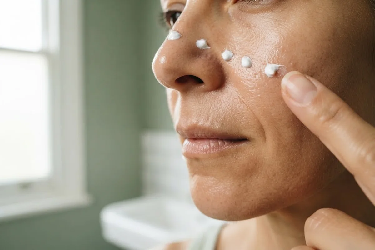 Adult cheek with dots of white sunscreen applied before blending, soft light in Irvine CA