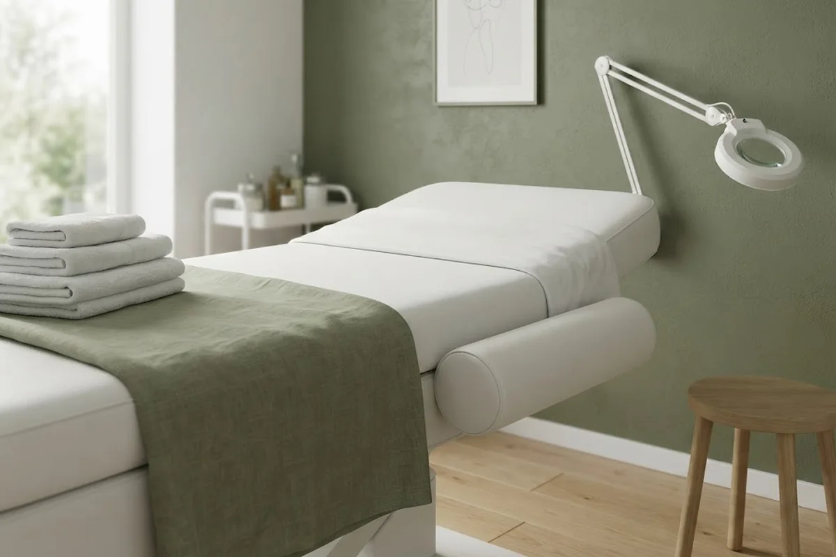 Treatment bed with a supportive bolster pillow and folded white towels in a calm electrolysis room in Irvine CA