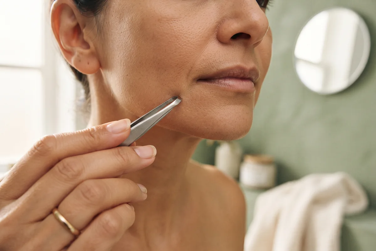 Hands holding fine tweezers near a chin in soft natural light, plucking a single hair in an Irvine CA setting