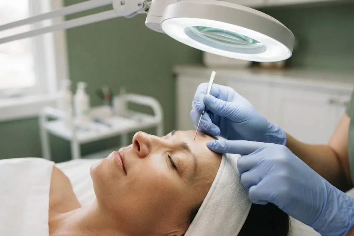 Fine electrolysis probe treating hairs between the eyebrows under a magnifying lamp in an Irvine CA studio