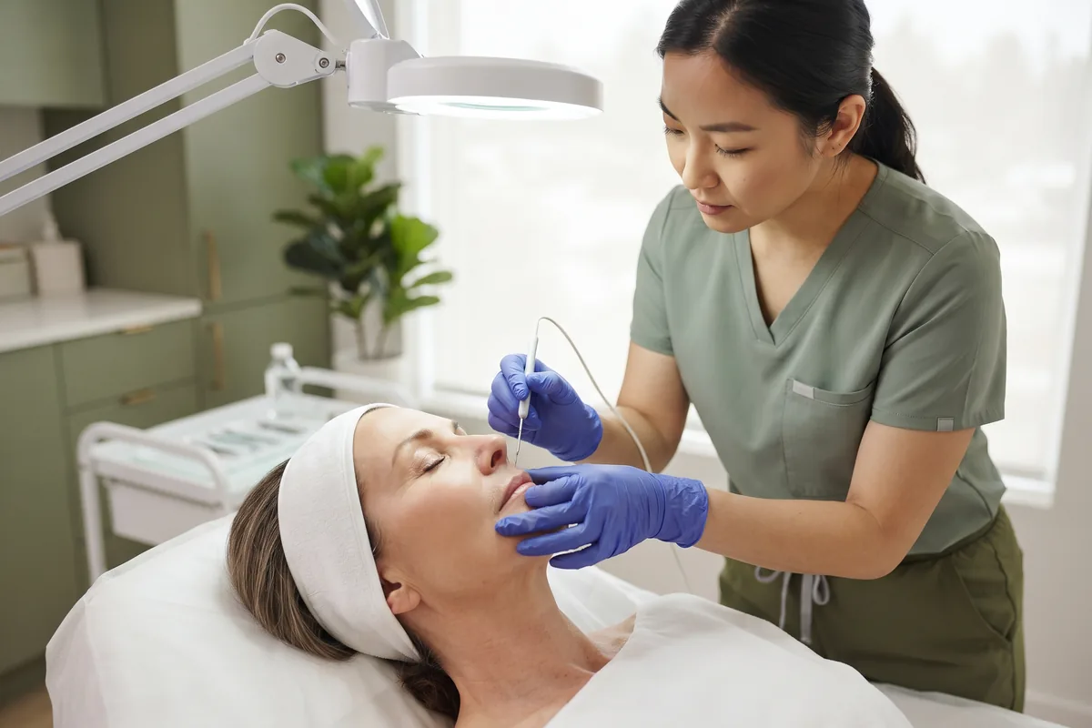 Electrologist in nitrile gloves holding a fine electrolysis probe near the upper lip area under magnification lamp in Irvine CA