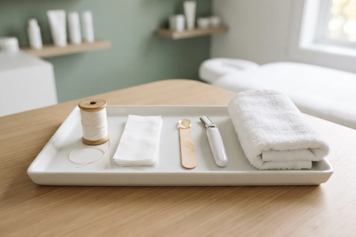 Cotton thread, wax strips and trimmer arranged on a clean surface for upper lip hair removal comparison