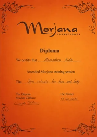 Morjana Cosmetiques Facial & Body Training - Aida Khazieva Aida Khazieva Morjana Cosmetiques facial and body care professional training certificate Irvine California