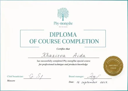 Phymongshe Special Course Certificate - Aida Khazieva Aida Khazieva Phymongshe special advanced course certificate esthetician Irvine California